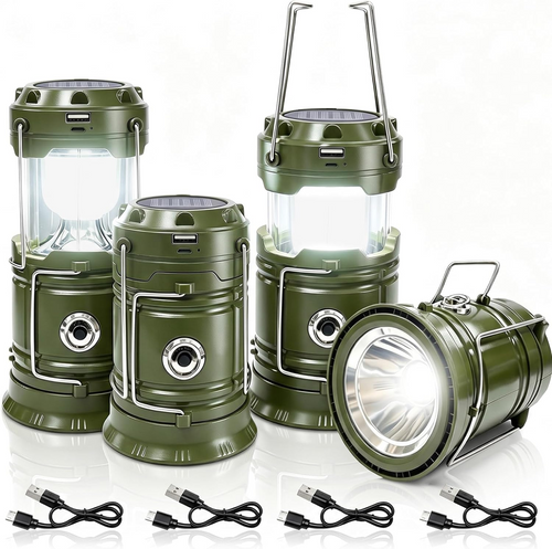 4-Pack Solar Camping Lanterns, Rechargeable LED Lights with Magnetic Base & Hanging Hook, Portable Outdoor Lamp